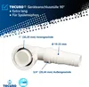 A white plumbing adapter with measurement labels and brand information on a blue and white background. Produktbild-Vorschau