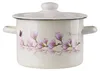 A white enamel pot with a lid, decorated with pink magnolia flowers and a purple butterfly. Produktbild-Vorschau