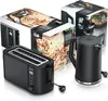 A black electric kettle and a black toaster are displayed next to their product packaging, which features images of food. Produktbild-Vorschau