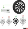 A car wheel with a hubcap, and examples of different sized hubcaps with checkmarks and crosses. Náhľad obrázku produktu