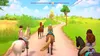 Four people riding horses on a dirt road through a rural landscape. Produktbild-Vorschau