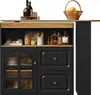 A black sideboard cabinet with a wooden countertop and a pull-out extension, displaying kitchen items and bottles. Voir les images du produit