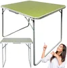 A woman pointing at a folding table, with two views of the table. Produktbild-Vorschau