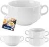 A collage of white ceramic soup bowls with handles, some stacked and one with a product tag. Podgląd zdjęcia produktu