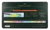 The back of a metal tin containing 36 Faber-Castell watercolour pencils, showing the brand logo, product name, a diagram of a pencil, an illustration of watercolour painting, and a swatch of all 36 colours. Voir les images du produit