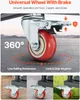 Close-up of a red caster wheel with a metal bracket, showing its 360-degree rotation and brake mechanism. Below are three smaller images showing the wheel on different surfaces: wood, carpet, and grass. Produktbild-Vorschau