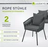 A marketing image showcasing two dark gray rope chairs with cushions, with text highlighting product features. Produktbild-Vorschau