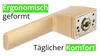 A close-up marketing image of a gold-colored door handle with text overlays. Produktbild-Vorschau