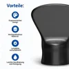 A close-up of a black kitchen appliance accessory with text and icons detailing its benefits. Produktbild-Vorschau