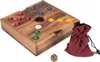 A wooden board game with colorful playing pieces, a die, and a drawstring bag. Produktbild-Vorschau