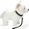 A white plush dog with a black collar and leash, standing on a white background. Náhled obrázku produktu