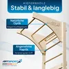 Close-up of a wooden climbing wall with descriptive text overlays. Podgląd zdjęcia produktu
