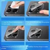 A four-panel image demonstrating how to apply a camera lens protector to a smartphone. Produktbild-Vorschau