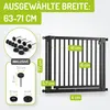 A diagram showing a black safety gate with various measurements and included accessories. Produktbild-Vorschau