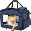 A French Bulldog is exiting a blue pet carrier. Produktbild-Vorschau