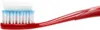 A close-up of a red toothbrush with white and blue bristles, topped with a stripe of white toothpaste. Produktbild-Vorschau