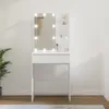 A white vanity table with a lighted mirror and shelves is shown in a room. Produktbild-Vorschau