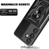 A black smartphone case with a ring holder and camera cover is shown at an angle, with text overlay indicating features. Produktbild-Vorschau