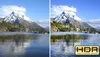 A split image showing a comparison between a standard image and an HDR image of a mountain landscape with a lake. Podgląd zdjęcia produktu