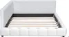 A white upholstered bed frame with a slatted base, shown from a side-angle. Náhľad obrázku produktu