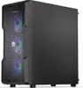 A black computer tower case with RGB fans visible through a mesh front panel, shown from a three-quarter angle on a white background. Produktbild-Vorschau