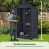 A man is standing in front of a garden shed, holding a potted plant. The shed is open, revealing shelves and gardening tools inside. The scene is set in a garden with greenery and a fence in the background. Produktbild-Vorschau