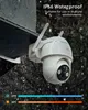 A white security camera is mounted outdoors in the rain, with text overlay highlighting its waterproof capabilities and temperature range. Náhled obrázku produktu