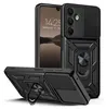 A black protective phone case with a sliding camera cover and a ring stand is shown from multiple angles. Produktbild-Vorschau