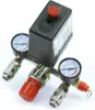 A close-up studio shot of an air compressor pressure switch with two gauges and a red adjustment knob. Produktbild-Vorschau