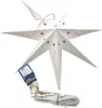 A white paper star lantern with small brown star cutouts and a light cord attached. Produktbild-Vorschau