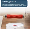 A robotic vacuum cleaner main brush is shown hovering above a wooden floor, with text describing its features. Produktbild-Vorschau