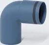 A 3D rendering of a blue pipe elbow fitting with gray and black bands at the opening. Náhľad obrázku produktu