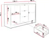 A diagram showing the dimensions of a dresser or cabinet, with a close-up view of a drawer. Anteprima dell’immagine prodotto
