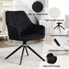 A black velvet armchair with a swivel base is shown in a room setting, with callouts highlighting its features. Produktbild-Vorschau