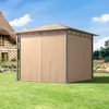 A garden gazebo with beige side panels is set up on a green lawn in front of a house. Produktbild-Vorschau