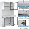 A white cabinet with glass doors and drawers, with callouts highlighting features like push-to-open doors, smooth drawer slides, and hydraulic hinges. Produktbild-Vorschau