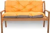 A garden bench with orange and gray cushions, shown from the front. Produktbild-Vorschau
