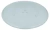 A clear, overhead shot of a round, transparent glass microwave turntable plate with three small indentations on the underside for grip. Produktbild-Vorschau