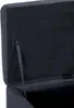 A close-up view of the inside of a dark blue upholstered storage ottoman, showing the hinge and a strap attached to the lid. Produktbild-Vorschau
