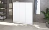 A white three-door cabinet is shown in a room with a gray textured wall and tiled floor. Produktbild-Vorschau