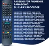 A remote control is shown next to a list of compatible Panasonic Blu-ray recorders. Produktbild-Vorschau