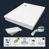 A white shower tray and drain assembly are displayed against a dark background, with icons highlighting product features. Produktbild-Vorschau