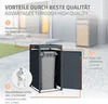 A dark gray trash bin enclosure with an open door, showing a gray trash can inside. The enclosure has a wooden panel on the front of a second, similar enclosure in the background. Text overlays highlight features. Produktbild-Vorschau