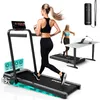 A composite image showing people using a treadmill and a standing desk, with product features highlighted. Produktbild-Vorschau