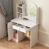 A white vanity table with a mirror, shelves, and drawers, set against a light-colored wall and curtains. Podgląd zdjęcia produktu