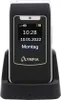 A black and white flip phone is shown in its charging dock against a white background. Anteprima dell’immagine prodotto