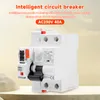 A close-up marketing image of an intelligent circuit breaker with text overlays highlighting its features. Produktbild-Vorschau