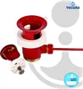A red and brass drain assembly kit with white sealing rings and a white plastic component with a screw, presented on a white background with graphic overlays. Produktbild-Vorschau