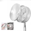 Close-up of a white electric fan, with smaller inset images showing cleaning. Náhled obrázku produktu