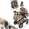 A collage of images showing a baby stroller system and its components, with dimensions indicated. Produktbild-Vorschau